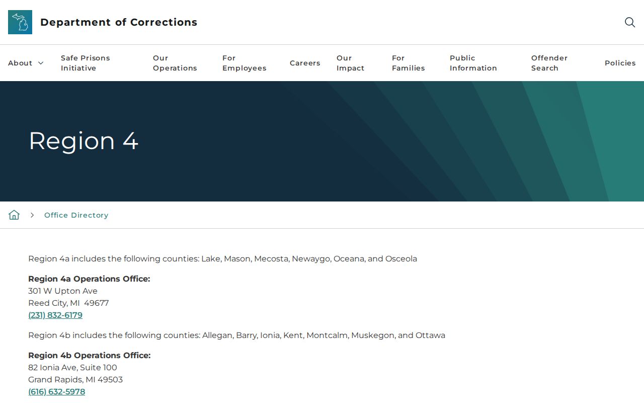 Kent County parole and probation MDOC Region 4 office directory