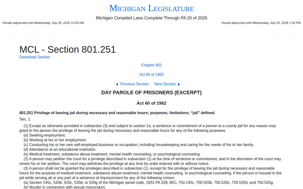 Michigan jail alternative statute affecting Kent County release timing