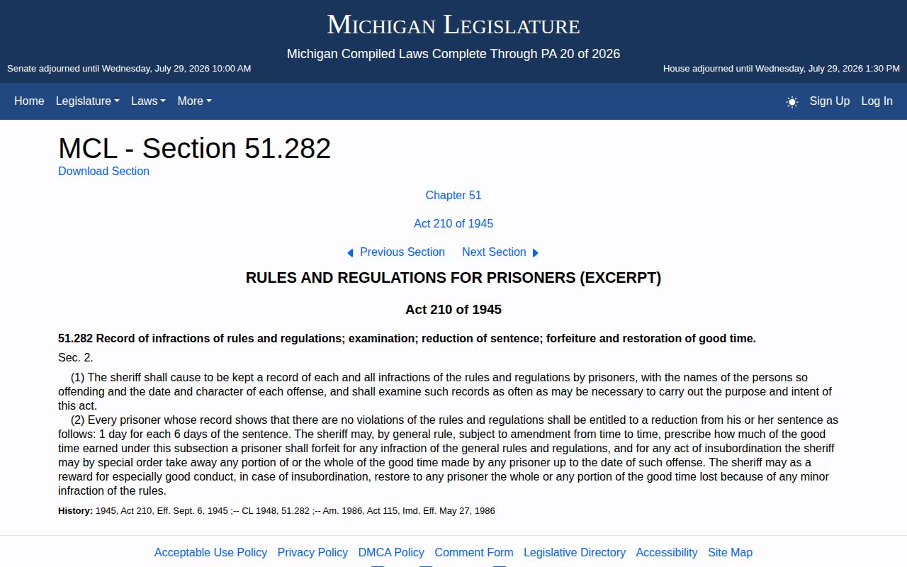Michigan county-jail good-time statute for a Kent County projected release date
